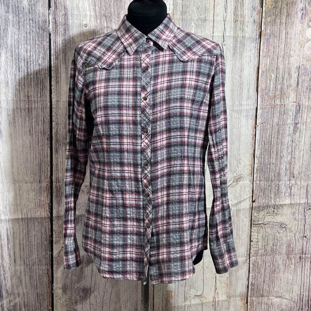 Ariat Womens Plaid Button Up Rodeo Cowgirl Pink Silver Shirt Blouse Medium Ranch